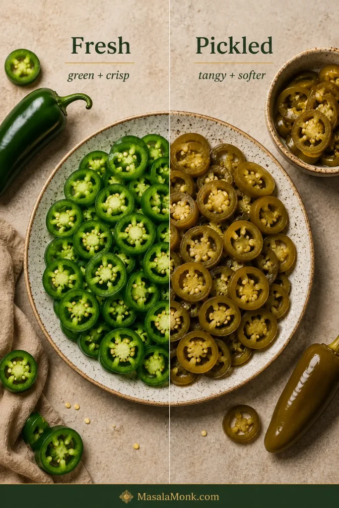 Comparison of bright fresh green jalapeño slices beside softer olive-green drained pickled jalapeño slices.