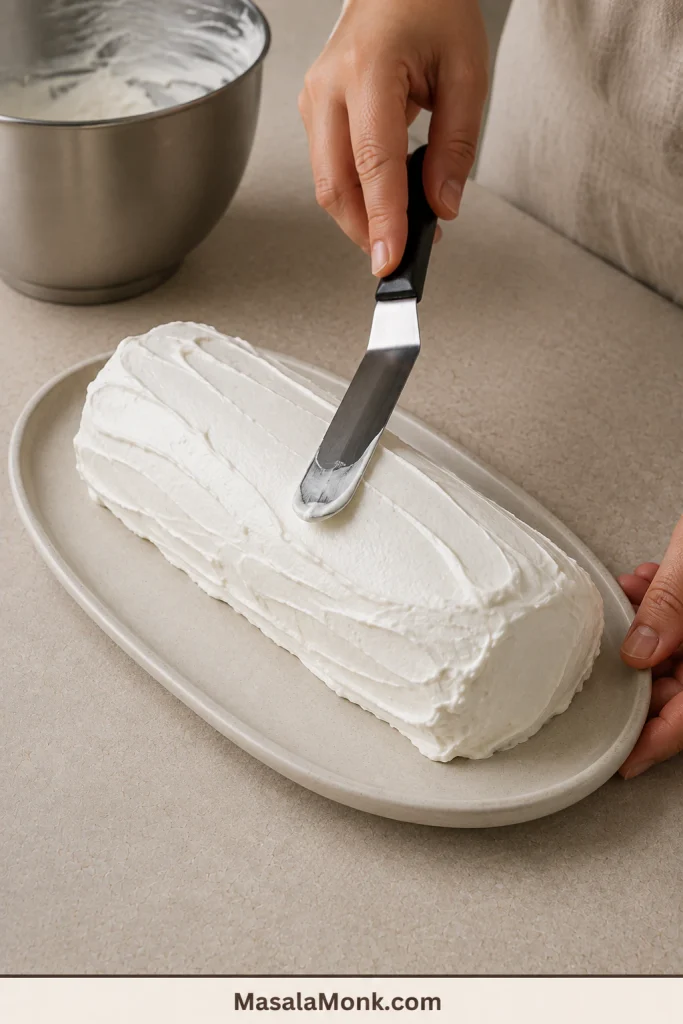 Freshly coated chocolate wafer icebox cake log with rustic whipped-cream ridges and an offset spatula making a final stroke.