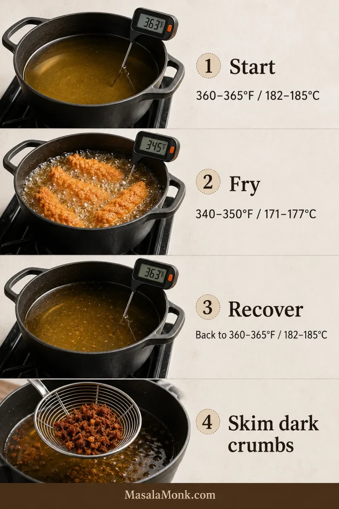 Oil-temperature guide showing the start range, working fry range, recovery before the next batch, and dark crumbs being skimmed.