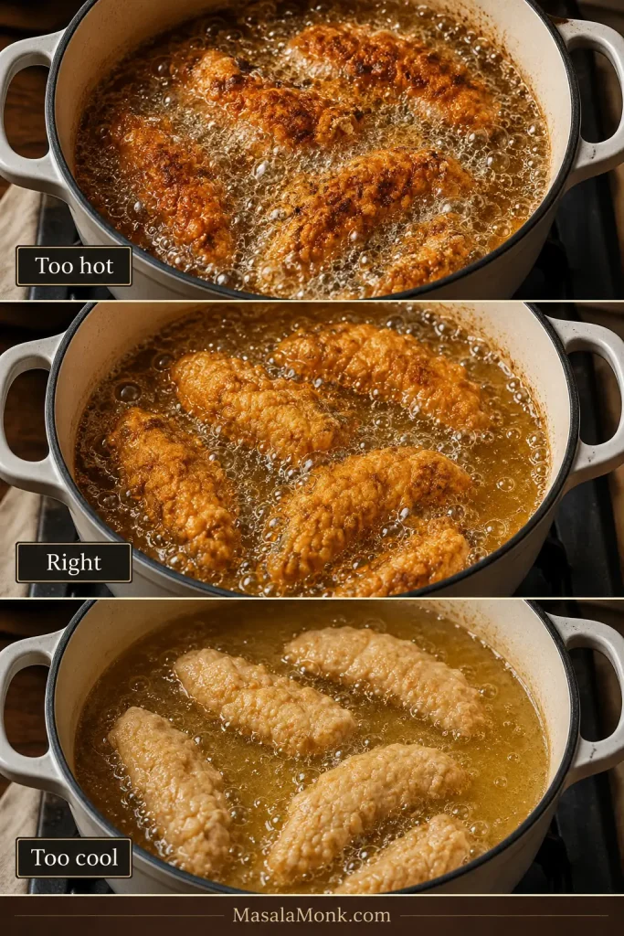 Three-panel frying comparison showing chicken in oil that is too hot, correctly heated, and too cool.