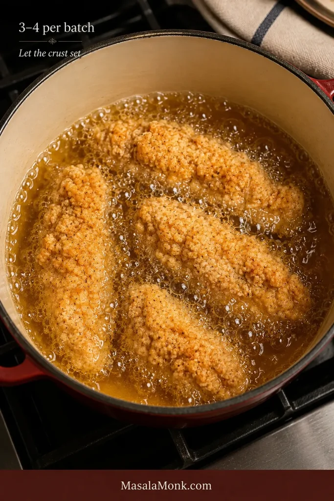 Four breaded chicken tenders frying with visible oil between each piece and no utensil disturbing the coating.