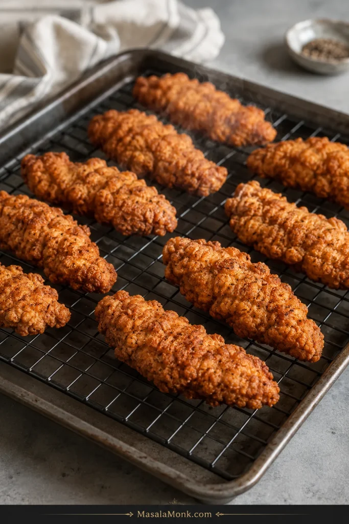 Unsauced fried chicken tenders resting in one layer on a raised wire rack with air space underneath.