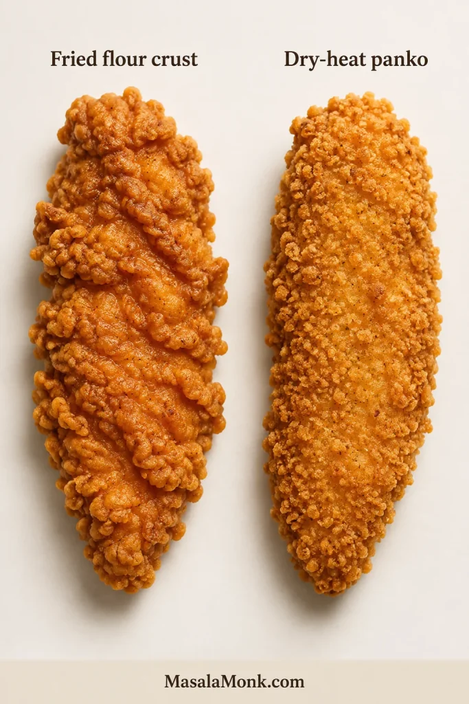 Side-by-side chicken tenders comparing irregular fried flour crust with a coarser dry-heat panko coating.