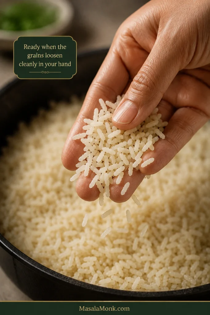 A hand gently lifting cooled cooked rice while individual grains separate and fall loosely between the fingers.