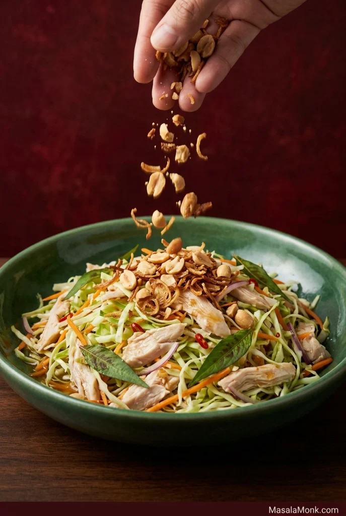 A hand scattering roasted peanuts and crispy fried shallots over a finished Vietnamese chicken cabbage salad with shredded chicken, cabbage, carrot, herbs and red chile.