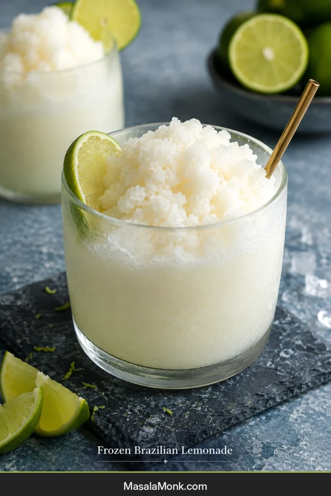 Frosted glass of pale frozen Brazilian lemonade with a snowy slushy texture, lime garnish, spoon and straw.