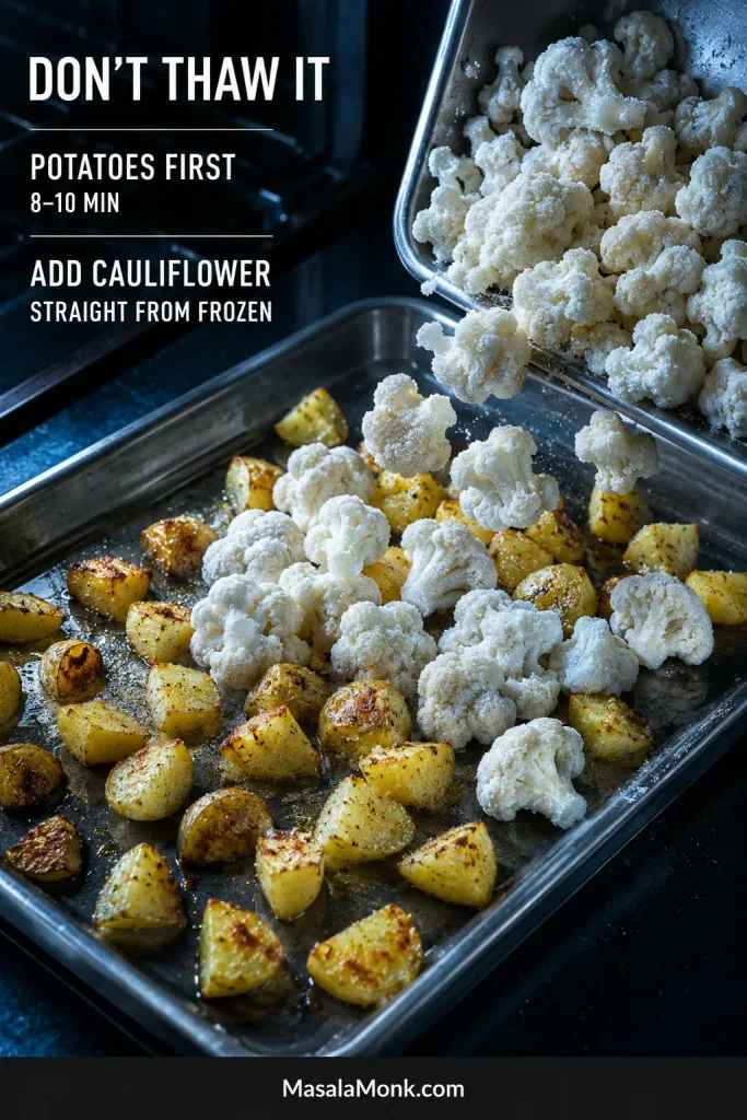 Frozen cauliflower florets being added to a tray of partially roasted potato chunks after the potatoes have begun cooking.