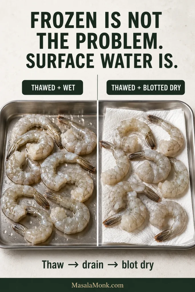 Side-by-side comparison of thawed shrimp that are wet with surface droplets and thawed shrimp that have been thoroughly blotted dry with paper towels.