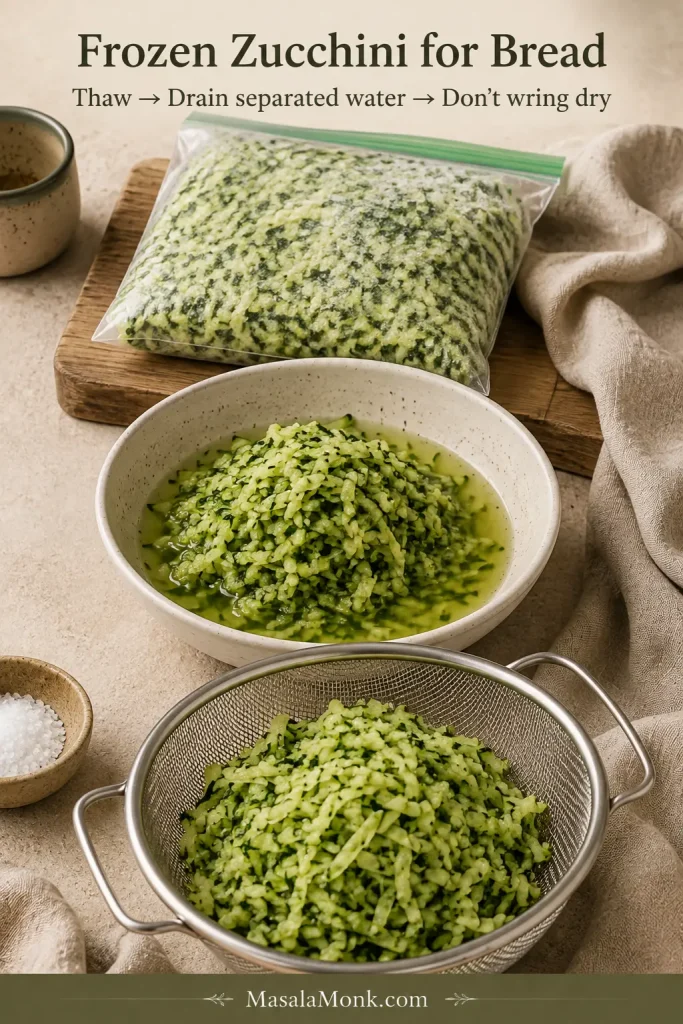 Frozen grated zucchini, thawed zucchini releasing liquid and drained zucchini shreds that remain visibly moist.