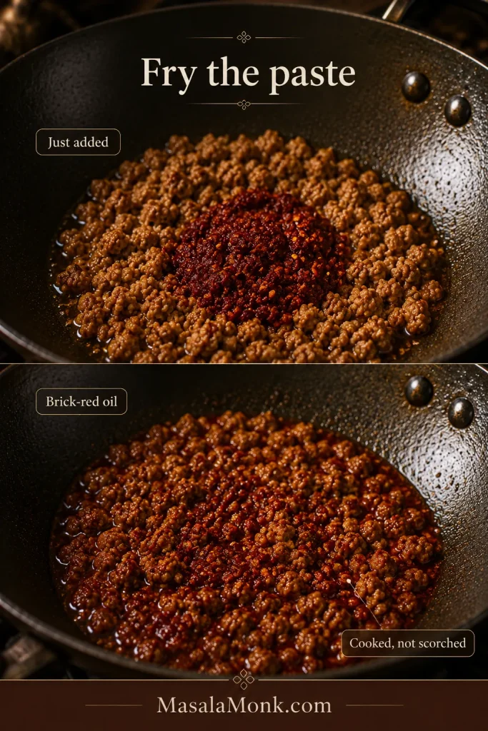 Two-panel wok comparison showing doubanjiang just added as a dark red mound, then fried into the pork with glossy brick-red oil around it.