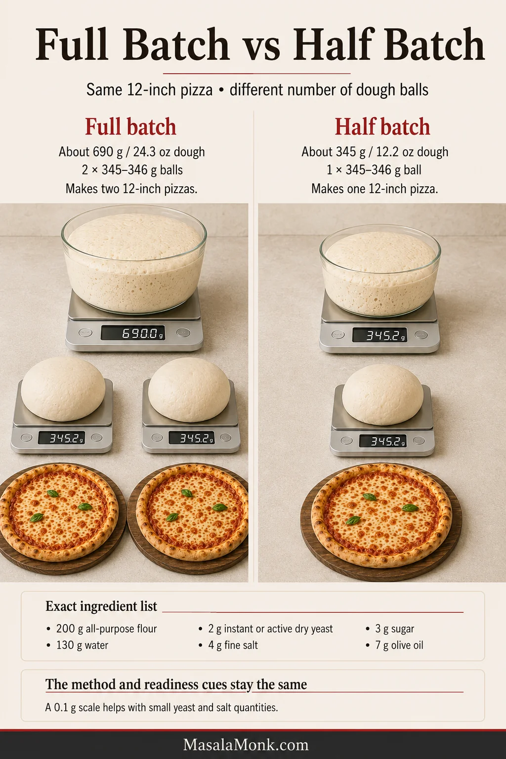 Full-batch and half-batch pizza dough guide comparing 690 grams with two 345 to 346 gram balls against 345 grams with one same-size ball, plus the exact halved ingredient quantities.