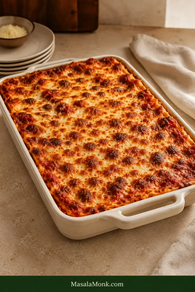 A fully baked lasagna in a deep ivory baking dish with bubbling meat sauce at the edges and irregular golden-brown patches across the melted cheese.