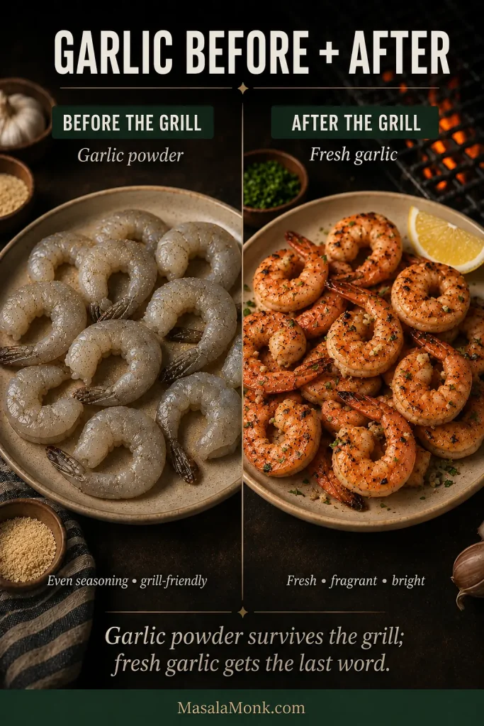 Split image with lightly seasoned raw shrimp and garlic powder before grilling on the left, and finished grilled shrimp with finely minced fresh garlic, lemon and herbs on the right.