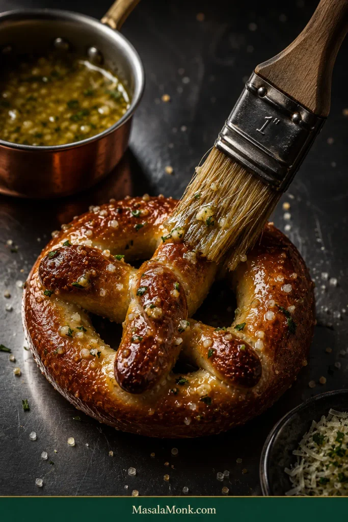 Freshly baked soft pretzel being brushed with melted garlic butter containing small pieces of garlic and herbs.