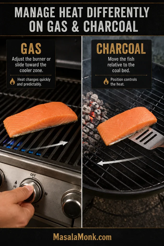 Split view of salmon on a gas grill beside a burner control and salmon on a charcoal grill being repositioned relative to a concentrated bed of hot coals.