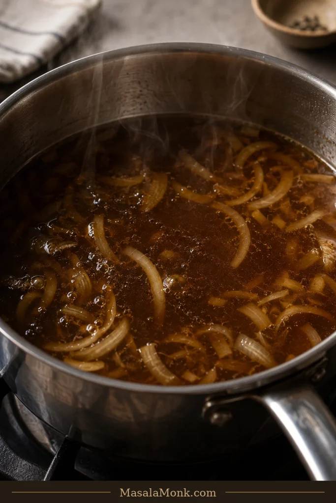 Thin brown onion au jus gently simmering in a saucepan with small bubbles and visible steam.