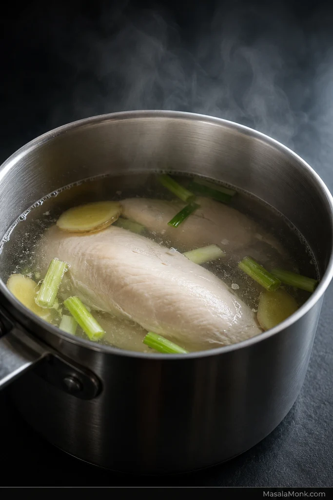 Chicken breasts gently poaching in clear water with ginger and scallions, with only small bubbles and slight movement around the edge of the pot.