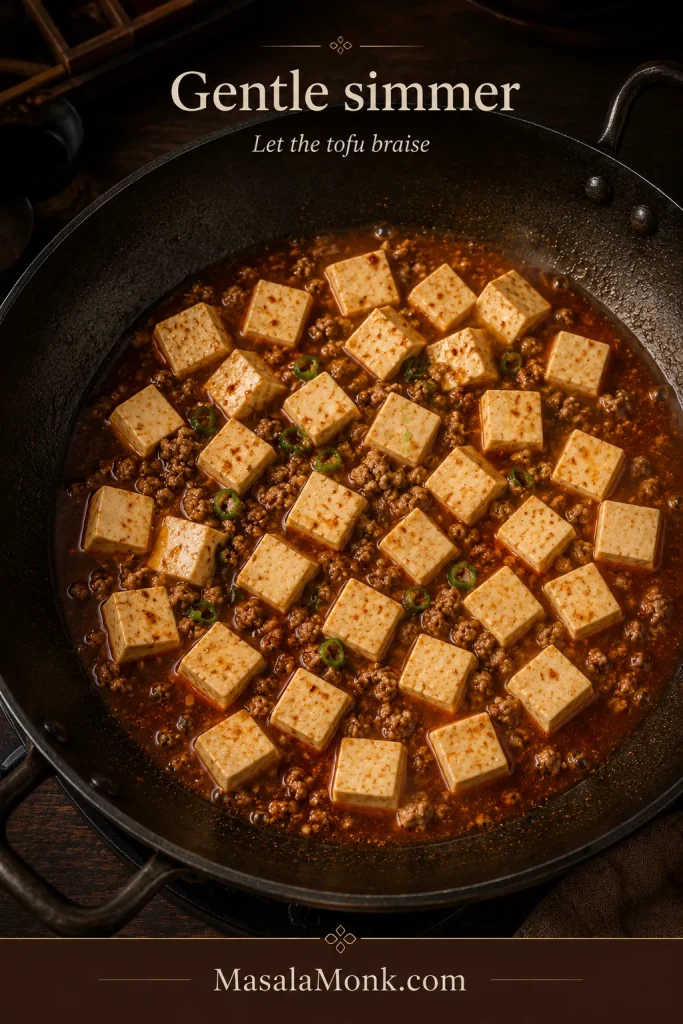 Overhead view of tofu cubes in one layer in a dark wok, surrounded by loose red sauce with only a few small bubbles at the edges.