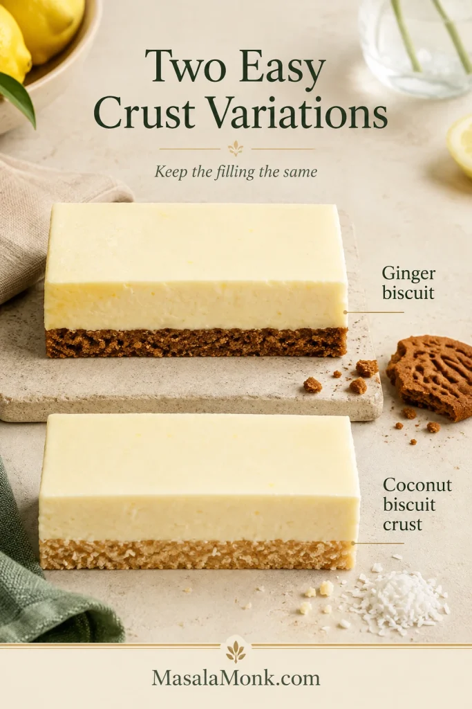 Two lemon bars with identical pale filling show a darker ginger-biscuit crust and a lighter crust containing fine coconut.