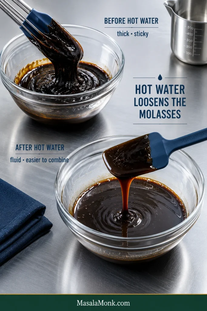 Two bowls of molasses mixture showing a thick consistency before hot water and a much looser, pourable consistency afterward.