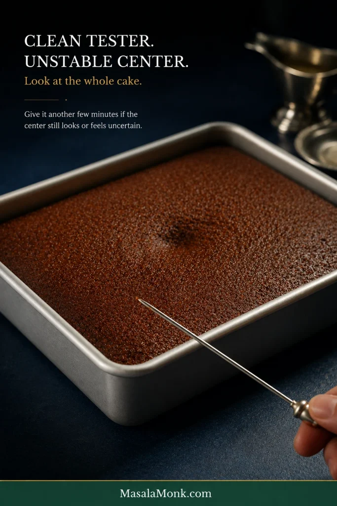 A clean cake tester beside gingerbread whose center still appears slightly soft and unstable.