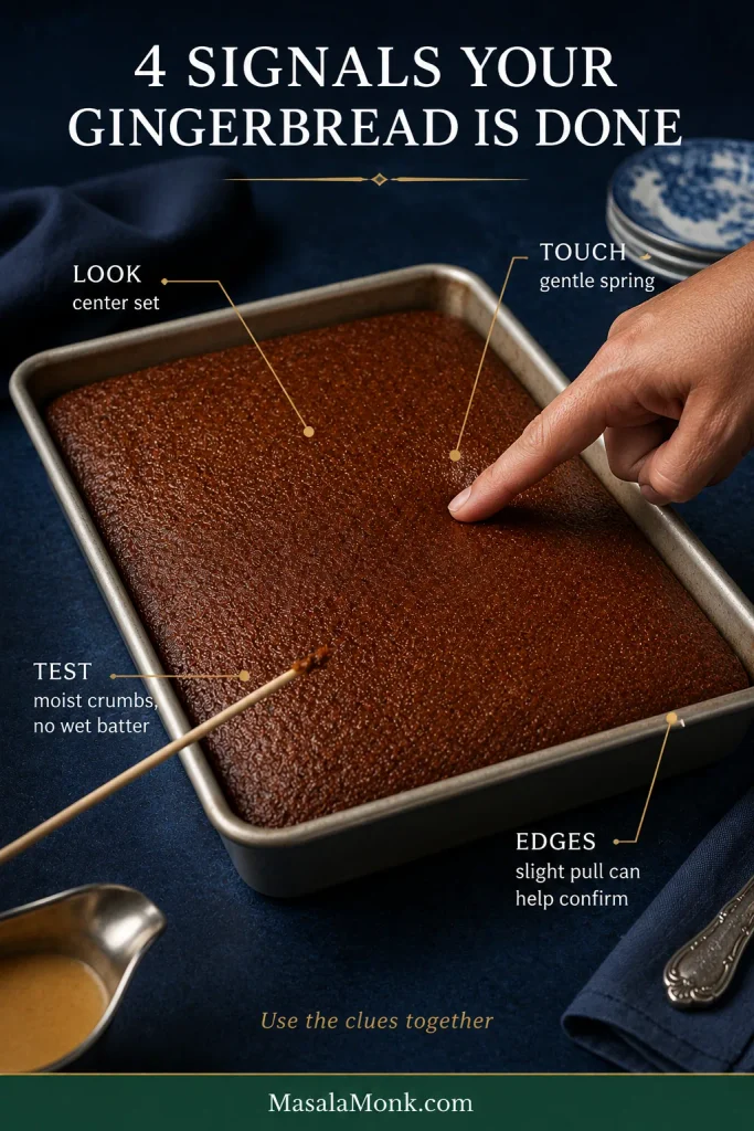 Gingerbread cake with four doneness checks: a set center, springy touch, moist crumbs on a tester and slight edge pull.