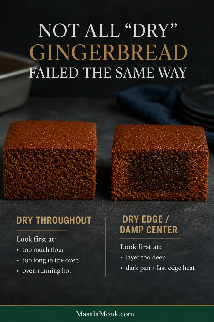 Two gingerbread cross-sections comparing a uniformly dry crumb with drier edges surrounding a darker, denser damp center.