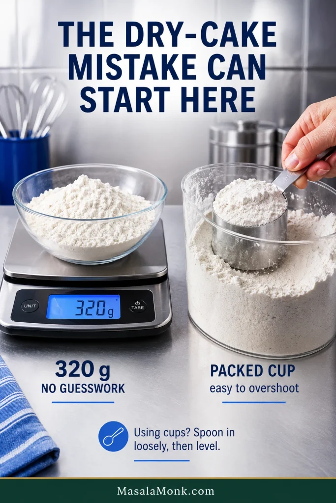 Digital kitchen scale showing 320 grams of flour beside a measuring cup being scooped directly into a container of flour.