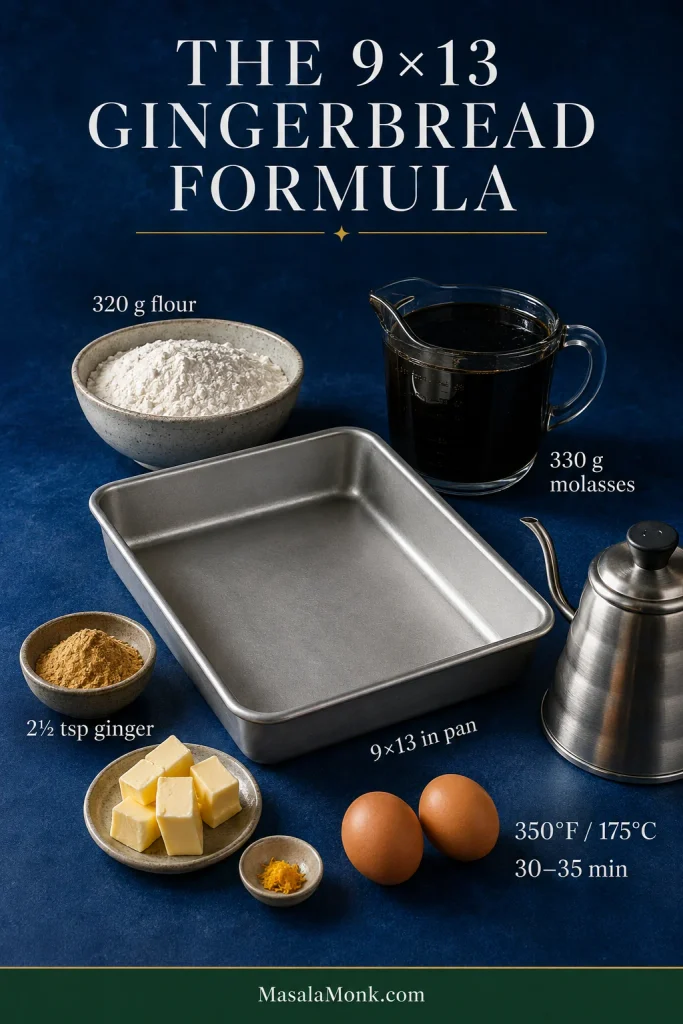 Infographic of measured ingredients for a 9×13 gingerbread cake, including flour, molasses, sugar, butter, oil, eggs, hot water and spices.