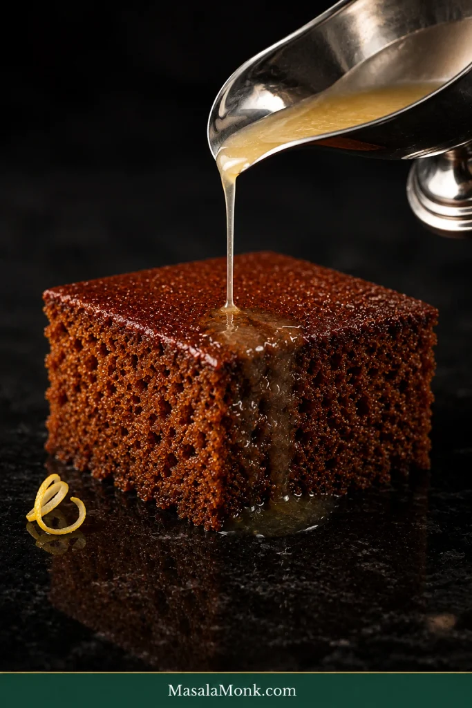 Pale golden lemon sauce being poured from a silver sauce boat over the cut edge of a gingerbread cake square.