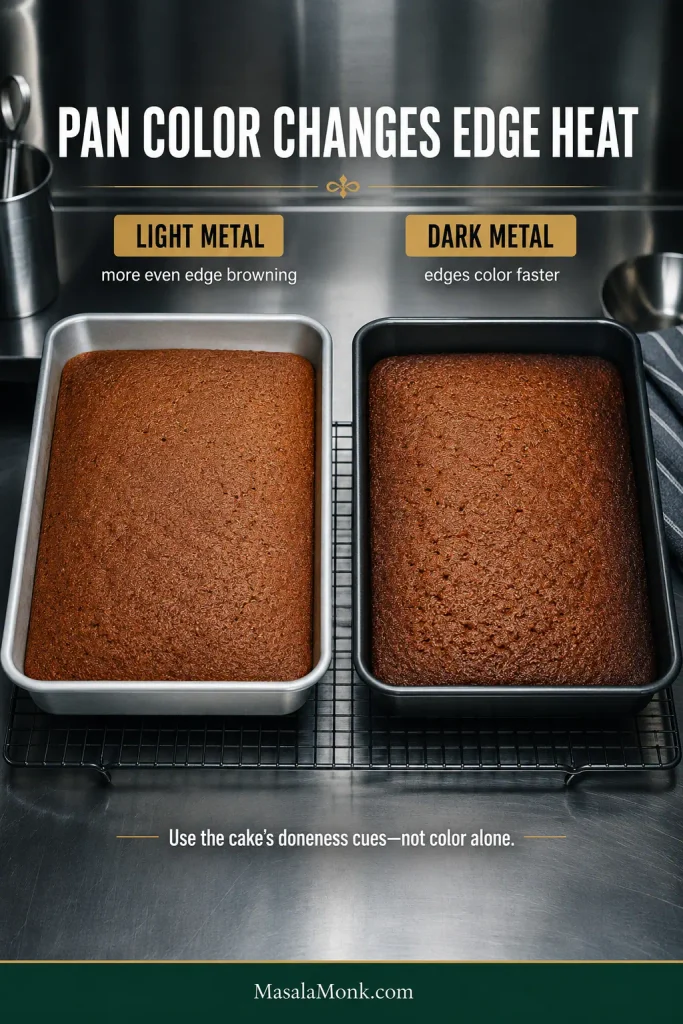 Two rectangular gingerbread cakes baked in light and dark metal pans, with stronger edge browning visible in the dark pan.