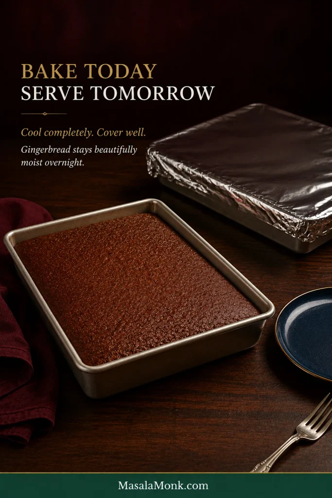 Fresh gingerbread cake in a light metal 9×13 pan beside another pan tightly covered for overnight storage.