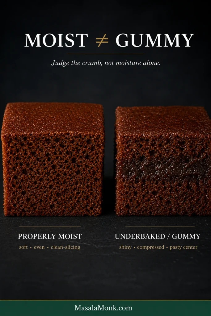 Side-by-side gingerbread cross-sections comparing an evenly moist crumb with a darker, compressed gummy center.