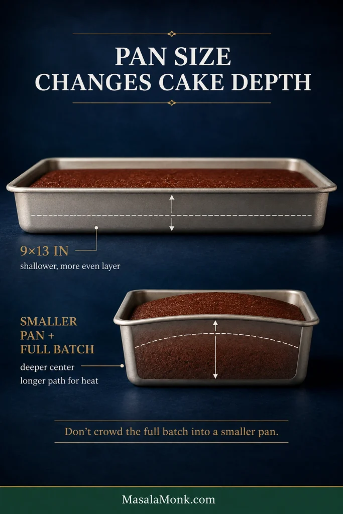 Light metal 9×13 pan with a shallow gingerbread layer compared with a smaller pan holding a visibly deeper layer.