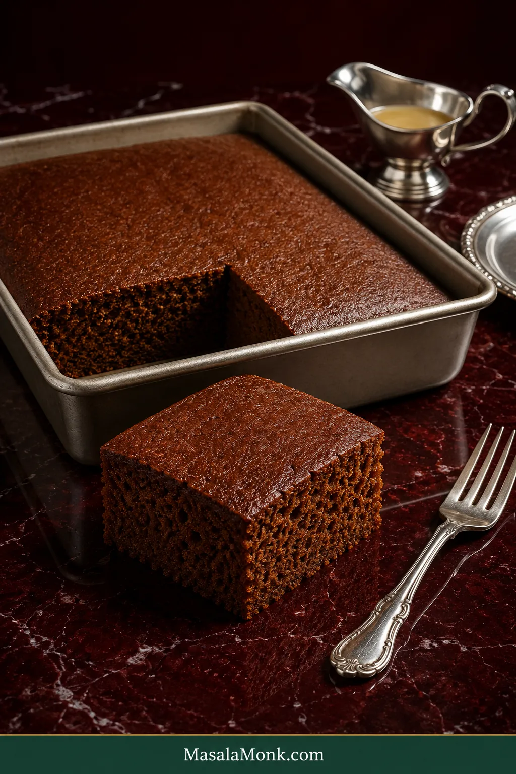 Square of mahogany gingerbread cake cut from a light metal 9×13 pan, showing a moist, evenly baked crumb beside a silver fork.