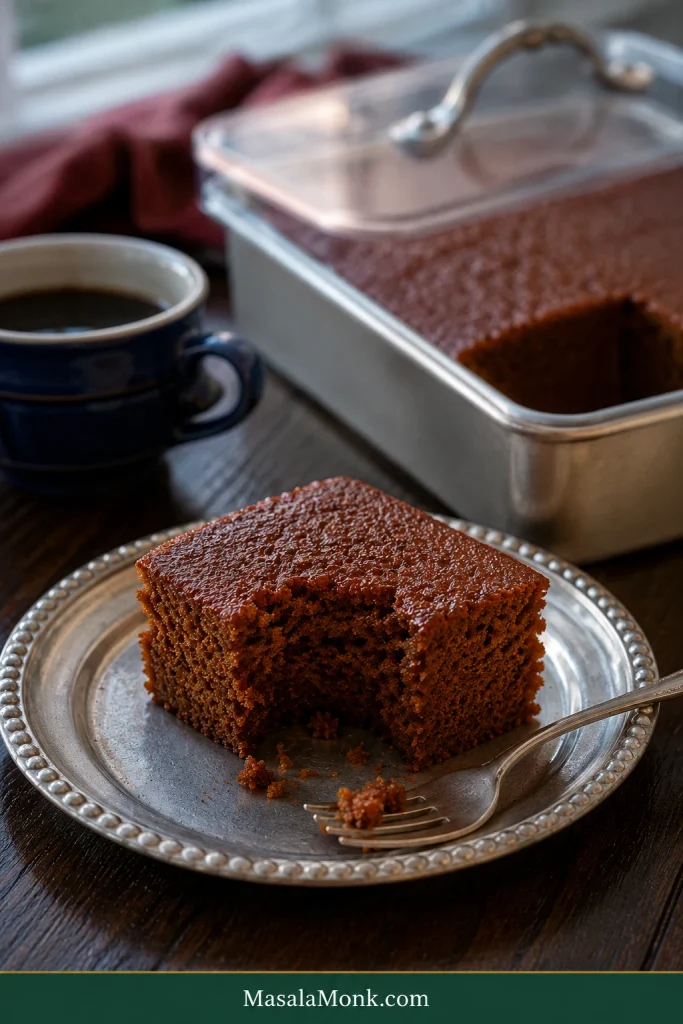 Partly eaten gingerbread square on a silver plate with a fork and coffee, with the remaining cake covered in a light metal pan behind it.