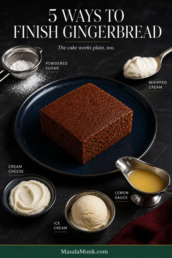 Plain gingerbread square surrounded by powdered sugar, whipped cream, cream cheese, lemon sauce and vanilla ice cream.
