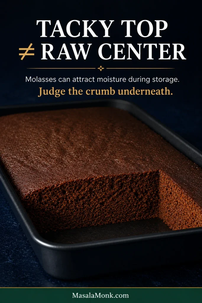 Cut gingerbread cake showing a faintly tacky top surface and a fully baked, evenly set crumb underneath.