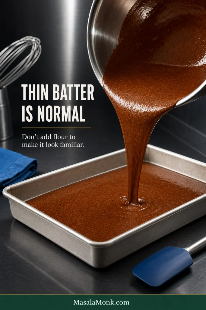 Thin brown gingerbread batter pouring in a ribbon into a light metal rectangular baking pan.