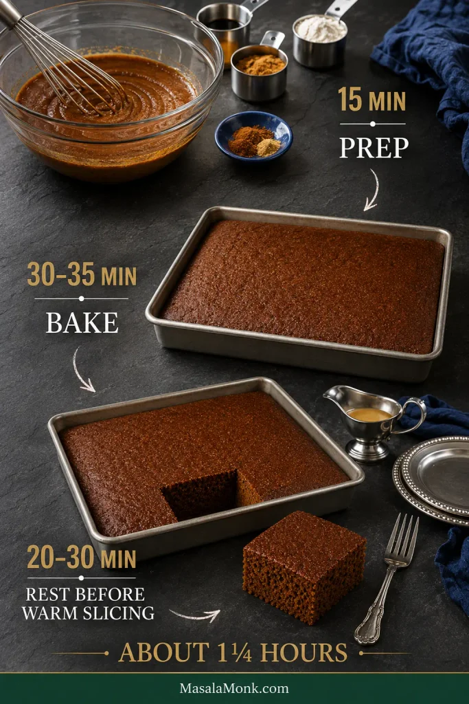 Timeline showing gingerbread cake preparation, baking, cooling and serving stages.