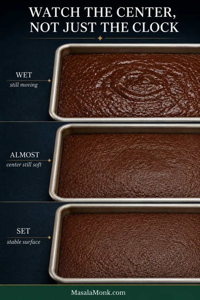 Three gingerbread cakes showing the center progressing from wet and rippled to almost set and fully stable.