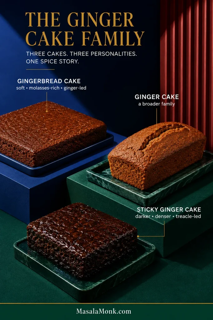 Three cakes labeled gingerbread cake, ginger cake and sticky ginger cake, showing differences in shape, crumb and surface.