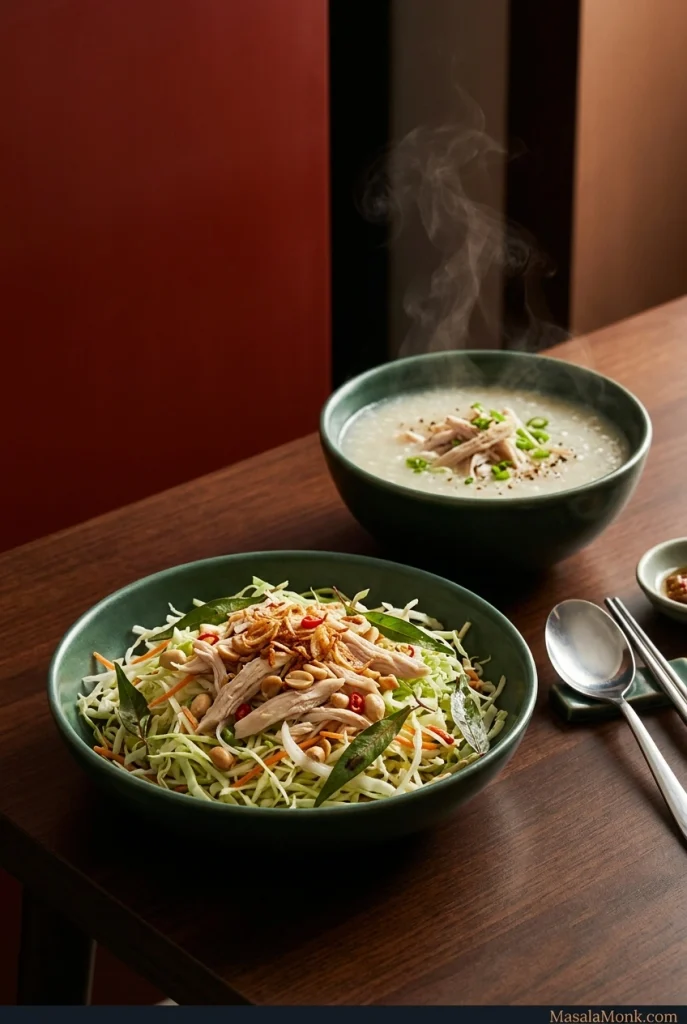 Bowl of Vietnamese chicken cabbage salad served beside a steaming bowl of chicken congee on a dark wooden table with chopsticks and a spoon.