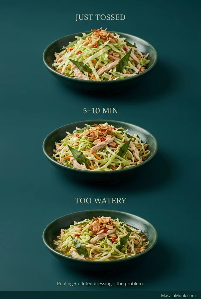 Three bowls of Vietnamese chicken cabbage salad labeled “JUST TOSSED,” “5–10 MIN,” and “TOO WATERY”; the first is airy, the second slightly relaxed, and the third has visible liquid pooling around the salad.