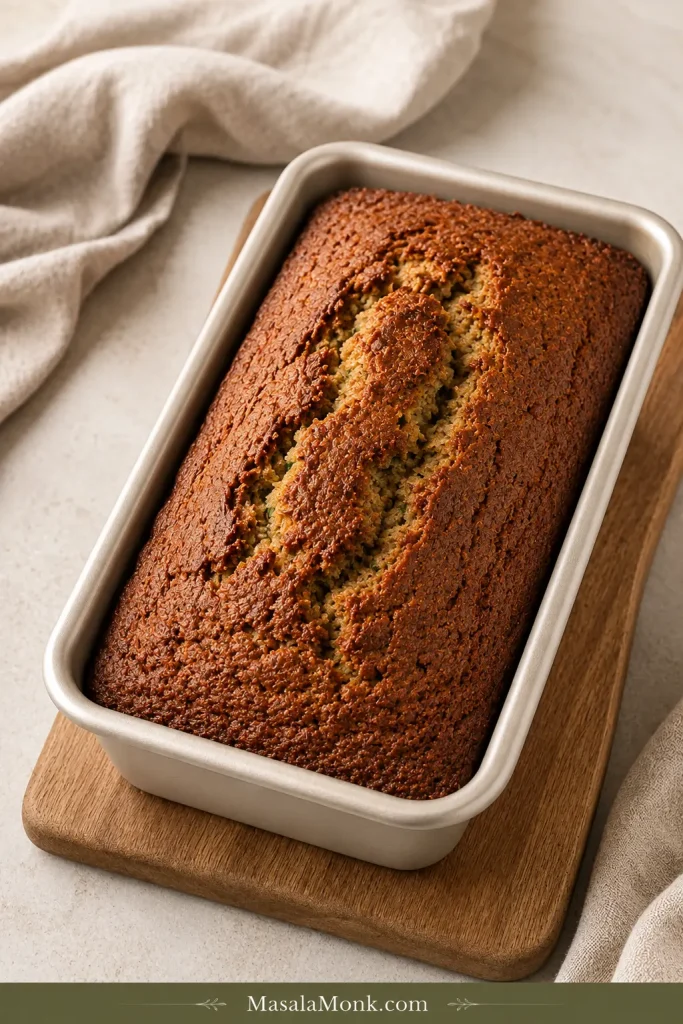 Golden-brown zucchini bread with a natural central crack still inside a light-colored metal loaf pan after baking.