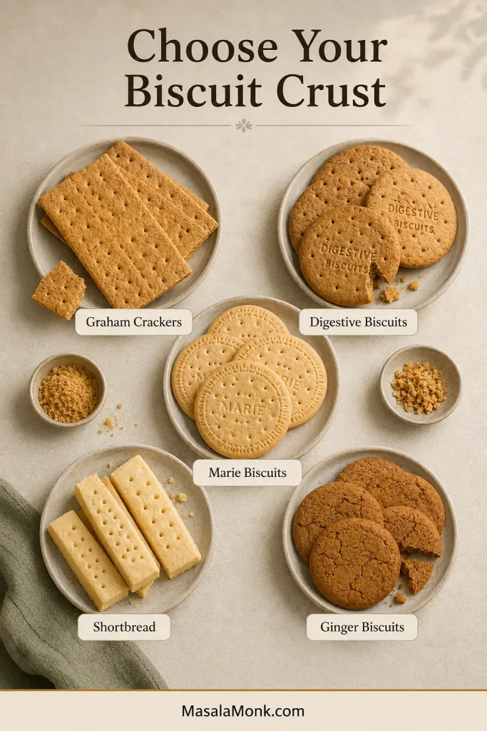 Five labelled biscuit types are shown whole, broken and as crumbs: graham crackers, digestives, Marie biscuits, shortbread and ginger biscuits.