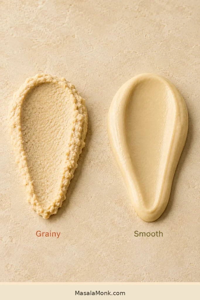 Illustrated visual guide comparing grainy hummus with rough edges and smooth hummus with a satin surface.