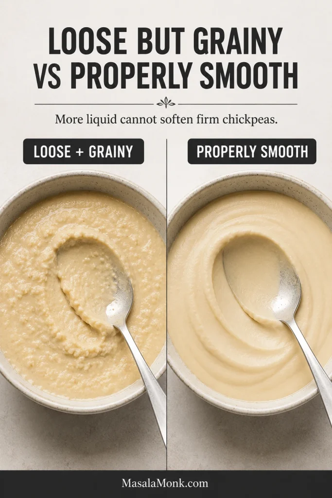 Comparison of grainy and smooth hummus without tahini, showing coarse particles beside a clean spoon trail.