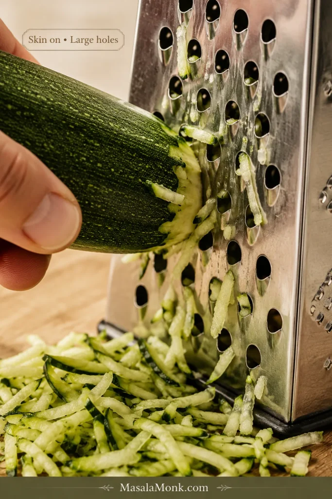 Unpeeled green zucchini being grated on the large holes of a stainless steel box grater, with green-edged shreds collecting below.