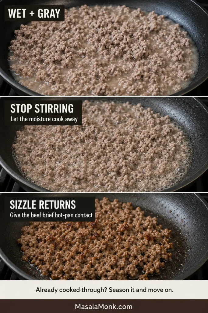 Three-stage guide showing wet gray ground beef, moisture evaporating, and improved browning after the skillet returns to a sizzle.